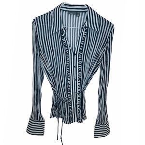 APT 9 NAVY BLUE STRIPE SHEER RUFFEL FRONT BLOUSE